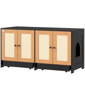 PawHut Cat Litter Box Enclosure w/ 2 Cabinets, Scratching Mats, Trays, for 2 Cats Kittens, Black