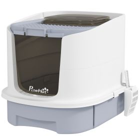 PawHut Covered Cat Litter Box with Lid, Drawer, Scoop, Top Entry, Deodorizing Bags, Odor Control, Easy to Clean, Gray