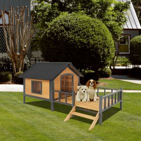 Unique All-Around Iron Frame,Outdoor Large Wooden Cabin House Style Wooden Dog Kennel with Porch