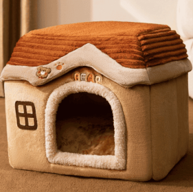 Foldable Dog House Pet Cat Bed Winter Dog Villa Sleep Kennel Removable Nest Warm Enclosed Cave Sofa Pets Supplies (Option: Brown Bear Castle-Large)